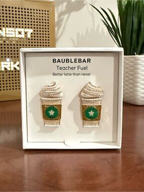 New BaubleBar Teacher Fuel Coffee latte Cup Stud Earrings